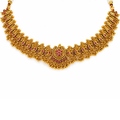 Swarna Pachi Kamalam Haar Short Necklace Set | Gold-Plated Temple K-1883