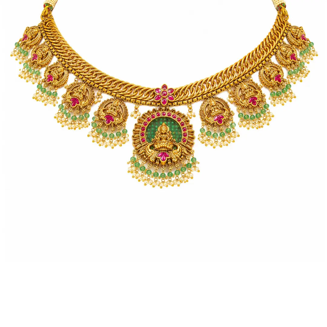 Pachi Swarna Kodi Kanti Short Necklace Set | Gold-Plated Temple Jewellery J-836
