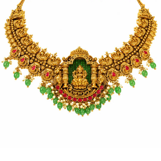 Swarna Kamala Jhumka Short Necklace Set | Gold-Plated Temple Jewellery J-1023