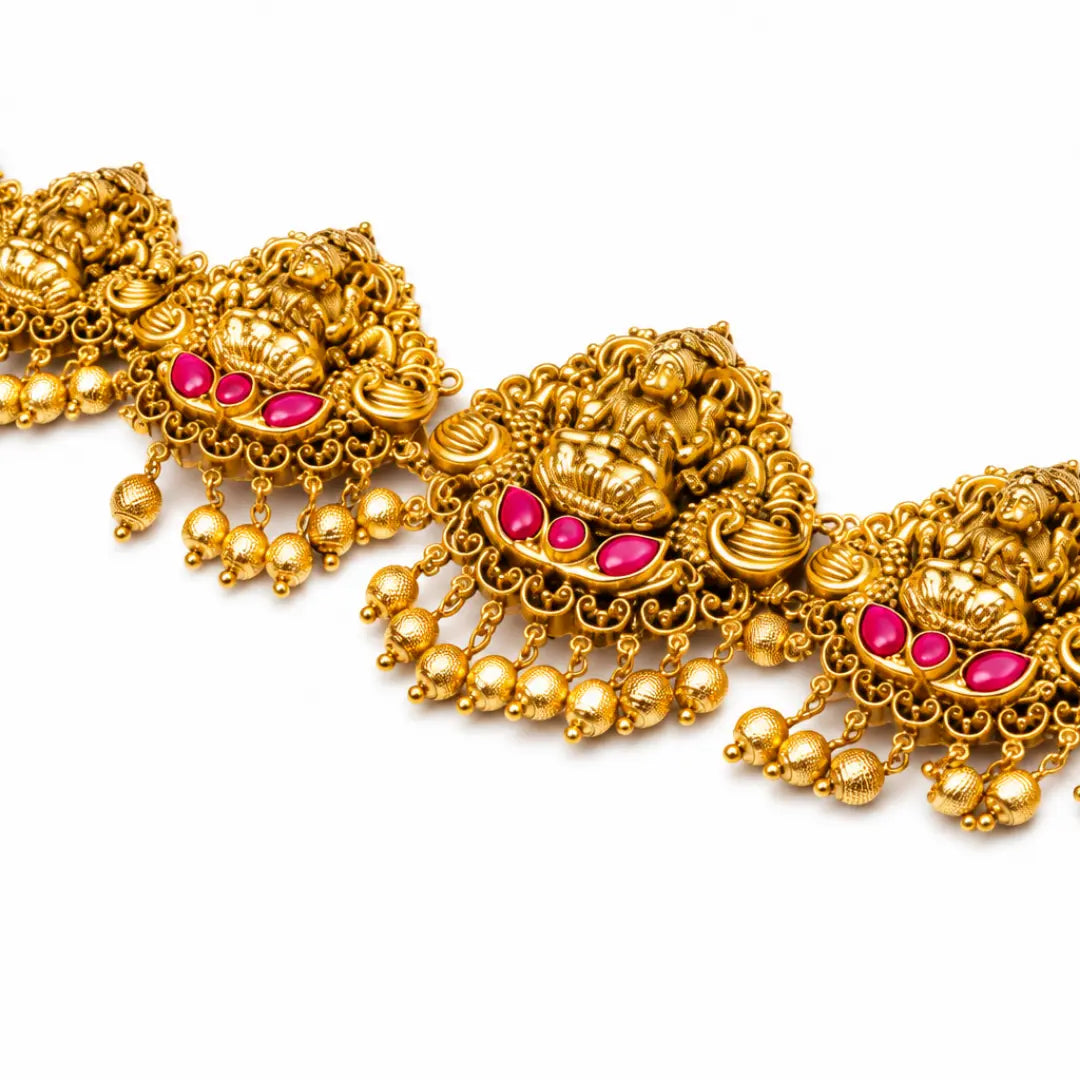 Antique Gold Plated Temple Kamarband with Laxmi Motif & Pink Stones V-1571