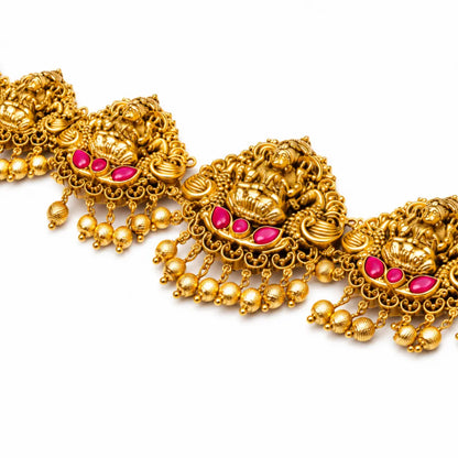 Antique Gold Plated Temple Kamarband with Laxmi Motif & Pink Stones V-1571