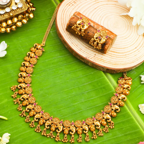 Elephant Motif Temple Jewellery Short Necklace Set with Jhumka