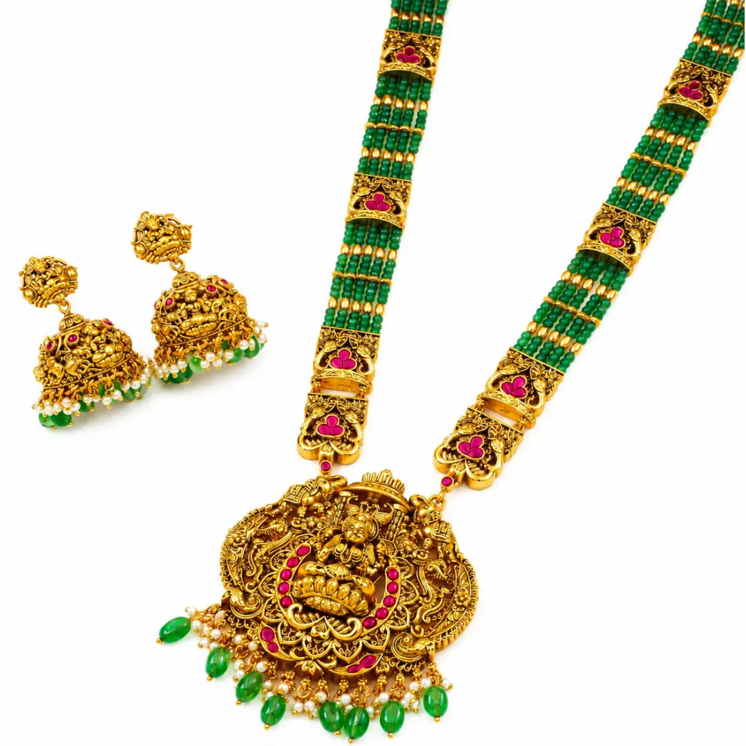 Temple Jewellery Pendant Set with Laxmi Design | Gold Plated Bridal Style J-1370