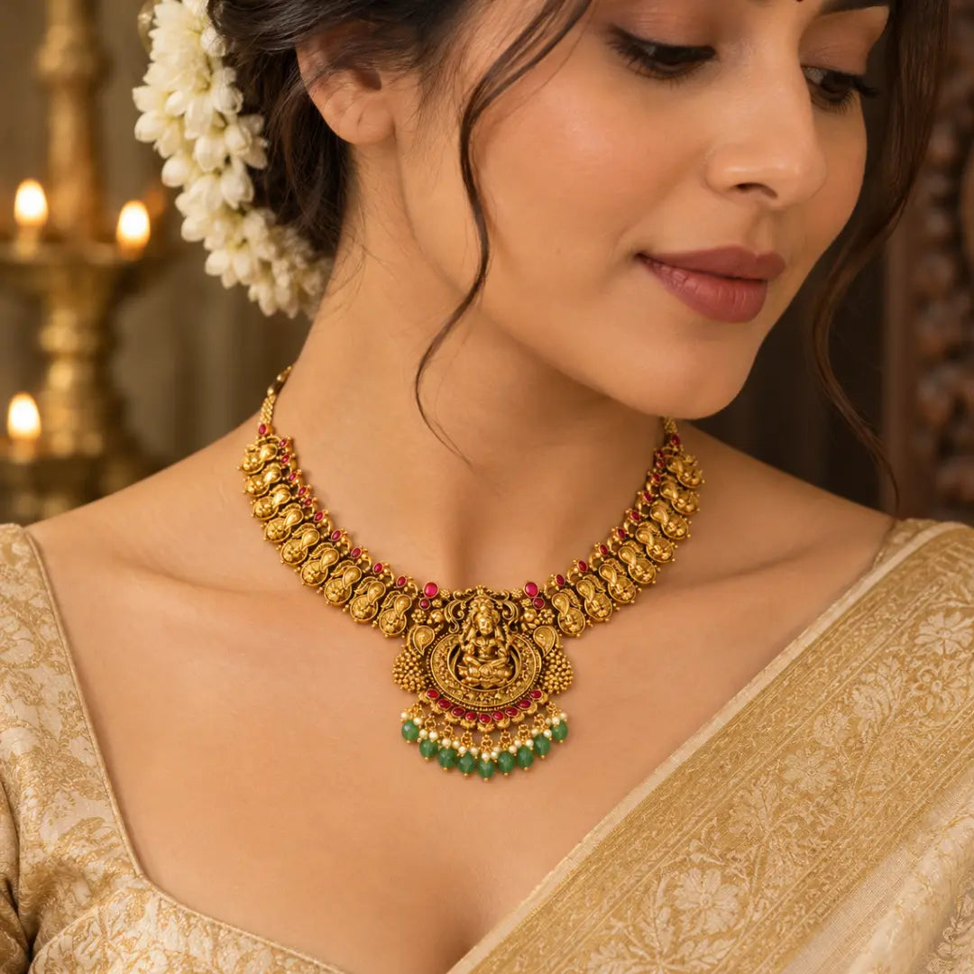 Dasavathara Rekha Haar Short Necklace Set | Gold-Plated Temple Jewellery K-1692