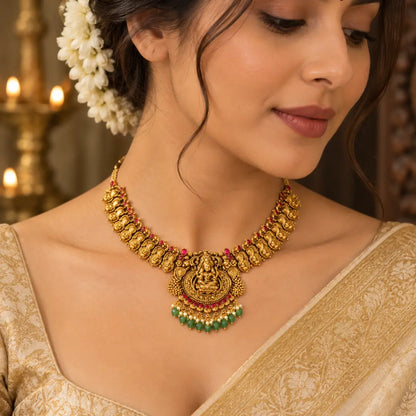 Dasavathara Rekha Haar Short Necklace Set | Gold-Plated Temple Jewellery K-1692