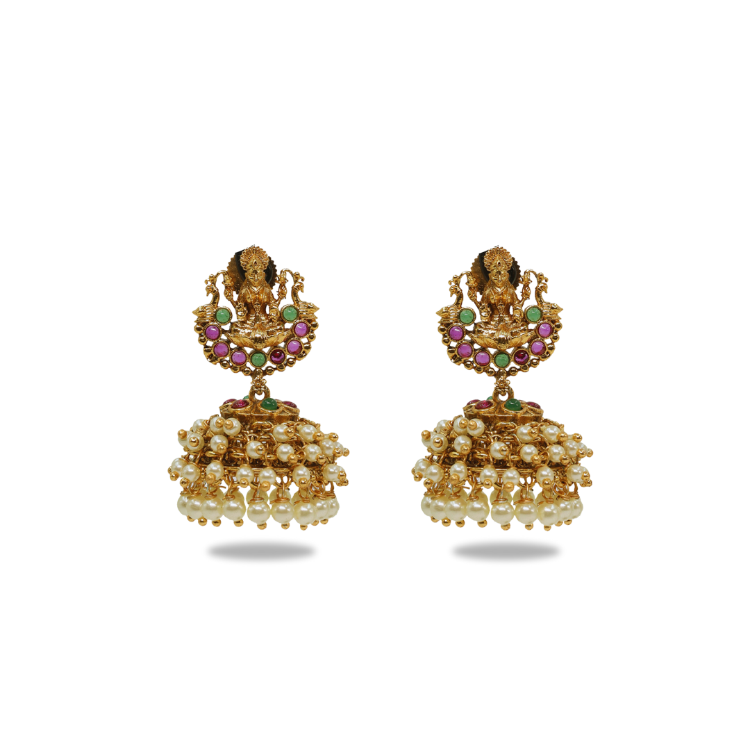 Antique Temple Laxmi Jhumka with Pearl Drops R-1645