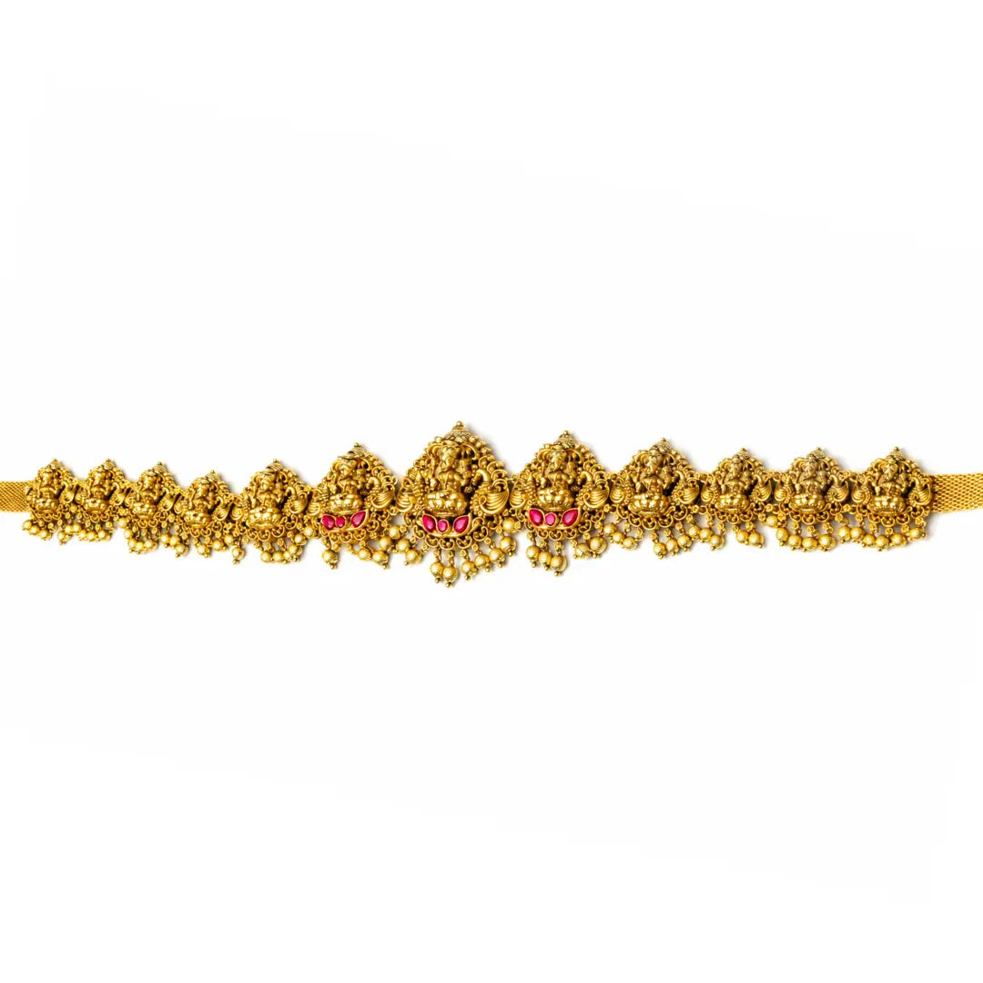 Antique Gold Plated Temple Kamarband with Laxmi Motif & Pink Stones V-1571