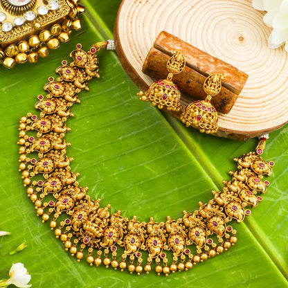 Lakshmi Temple Jewellery Short Necklace Set with Jhumka Earrings