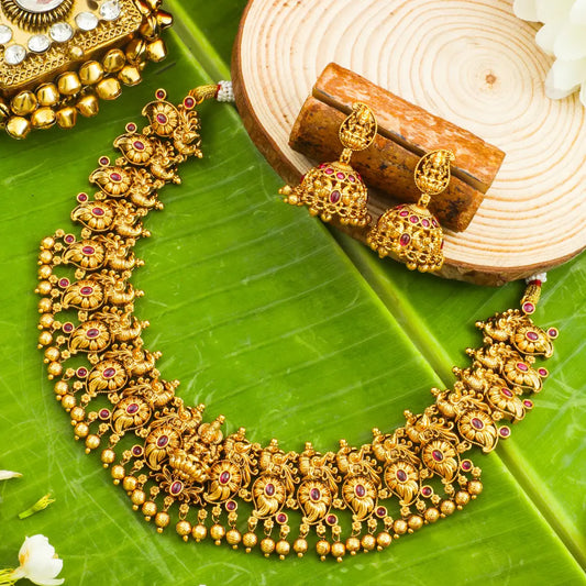 Lakshmi Temple Jewellery Short Necklace Set with Jhumka Earrings