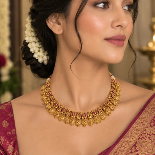 Mangala Dori Temple Jewellery Short Necklace Set with Thread Design K-1801
