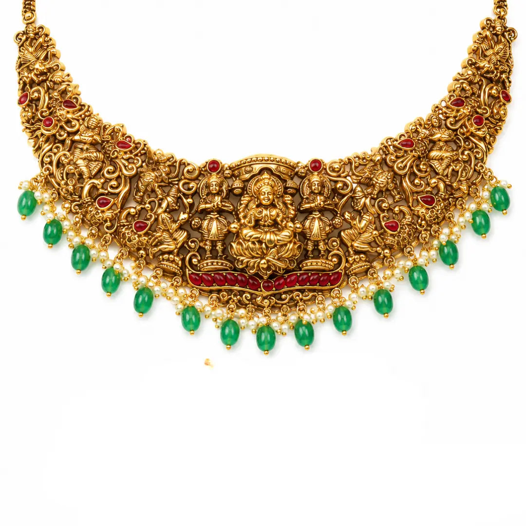 Manga Swarna Navaratna Kanti Short Necklace Set | Gold-Plated Temple J-1016