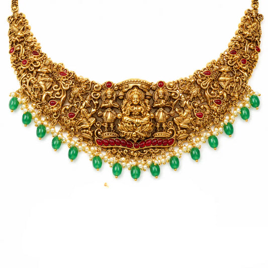 Manga Swarna Navaratna Kanti Short Necklace Set | Gold-Plated Temple J-1016