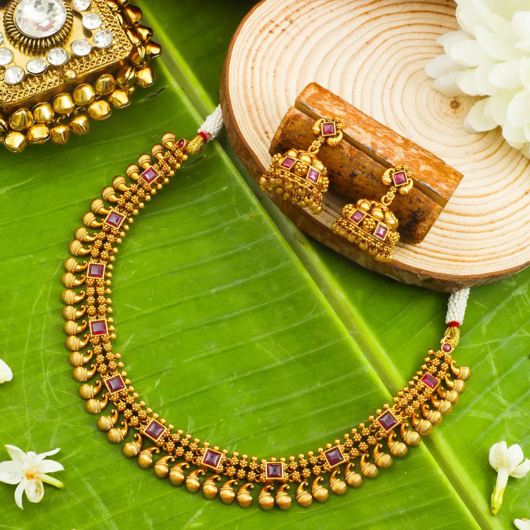 Traditional Temple Jewellery Short Necklace Set with Ruby Stones