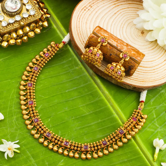 Traditional Temple Jewellery Short Necklace Set with Ruby Stones