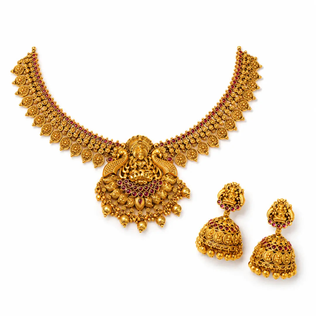 Swarna Kamalam Manga Haar Short Necklace Set | Gold-Plated Temple K-1893