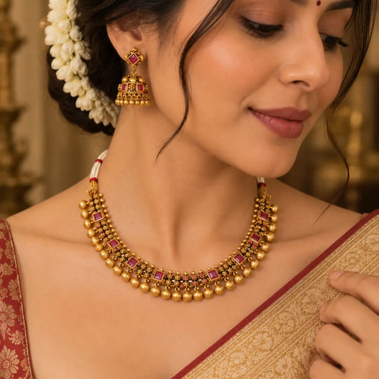 Traditional Temple Jewellery Short Necklace Set with Ruby Stones J-1764
