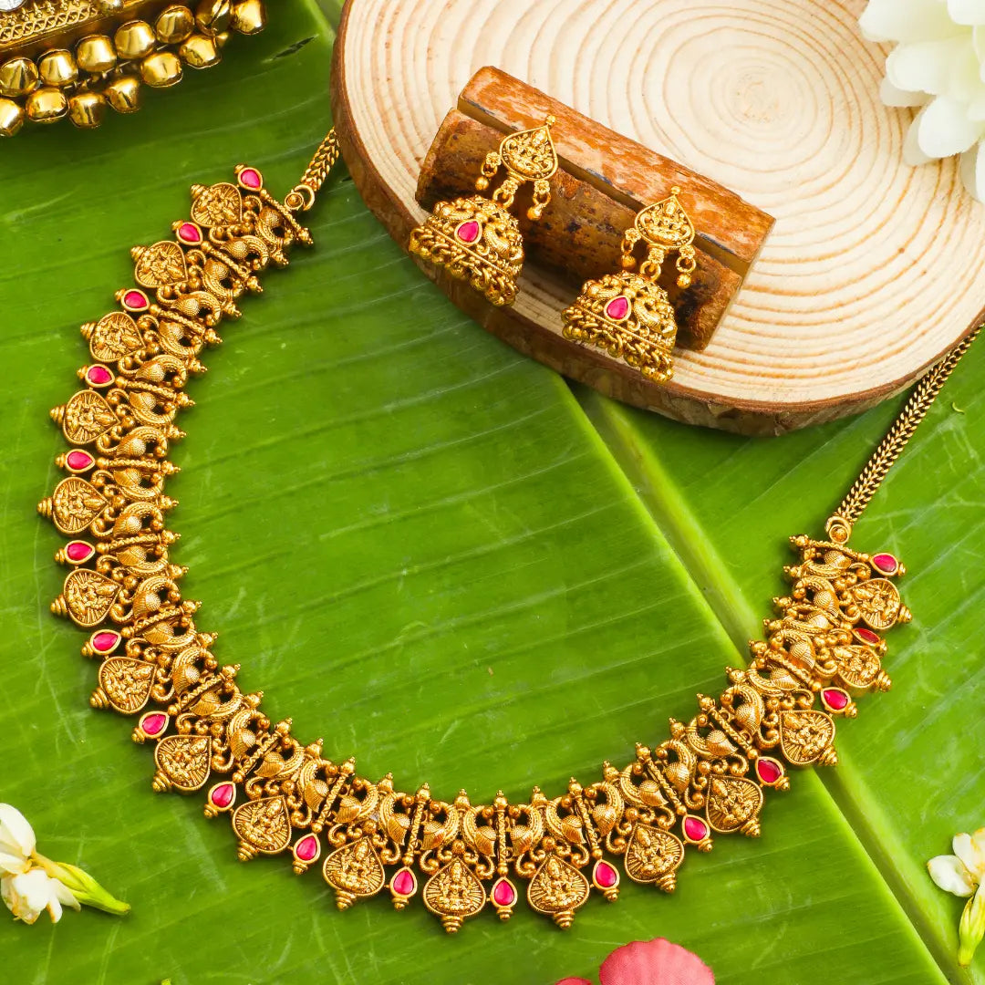 Pushpa Kali Temple Jewellery Short Necklace Set with Floral Design