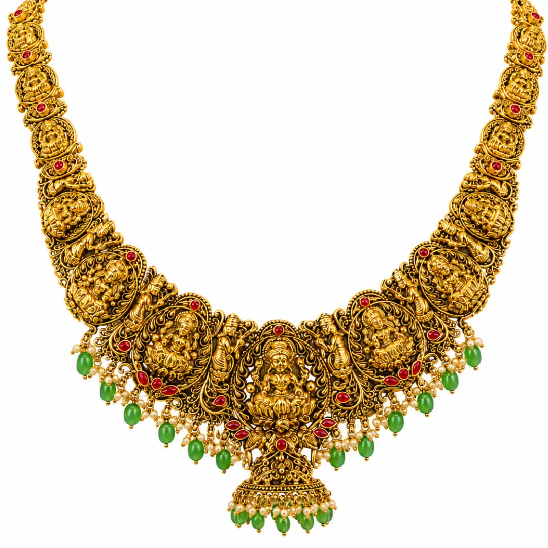 Swarna Navaratna Antique Mala Combo Necklace Set | Gold-Plated Temple J-1013N