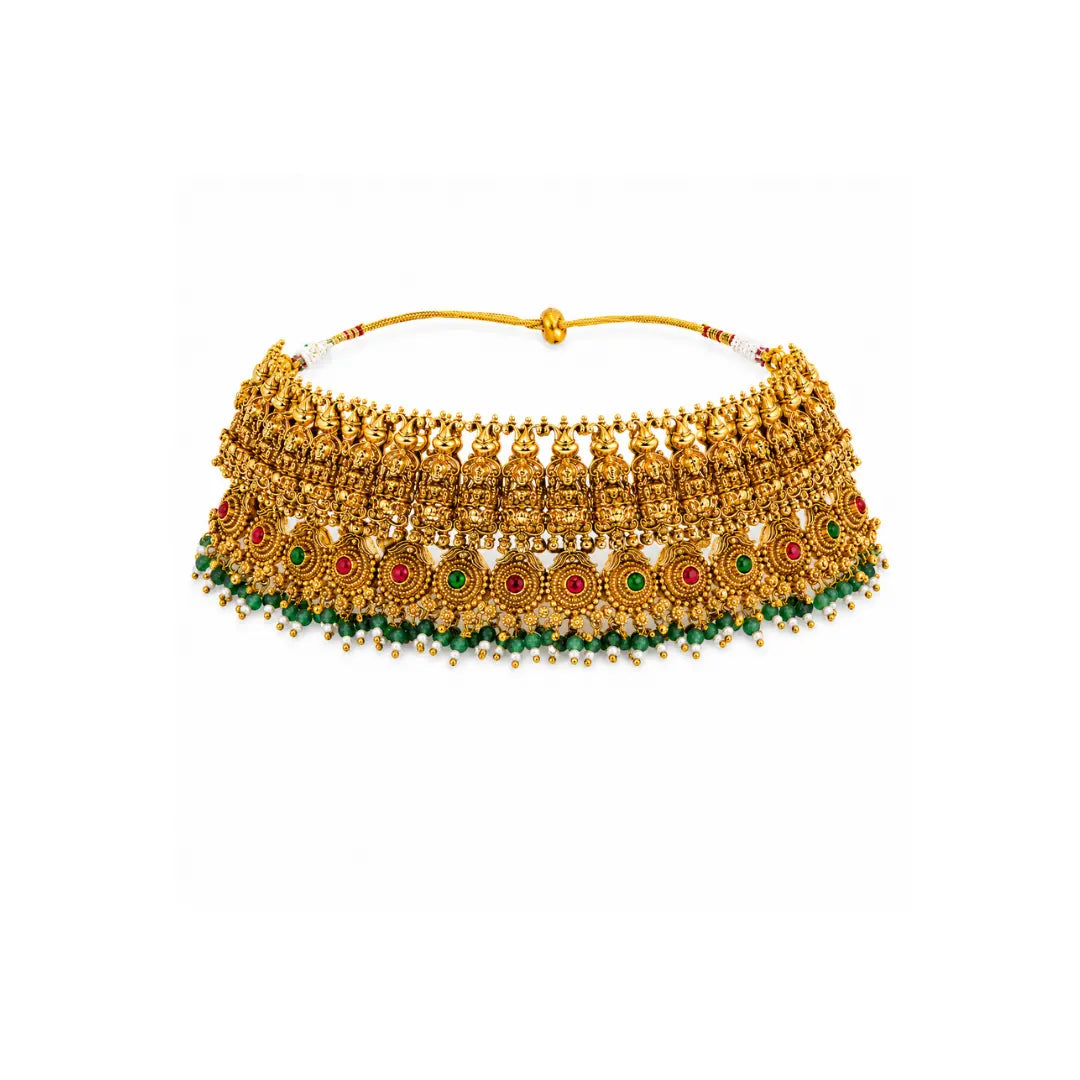 1 Gram Gold Choker Set | Beaded Temple Choker with Green Drops