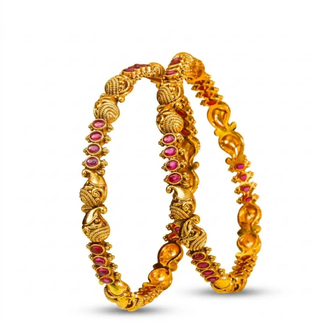 Saroja Valaya Paired Bangle | Gold-Plated Lotus Temple Bangle Set V-2246