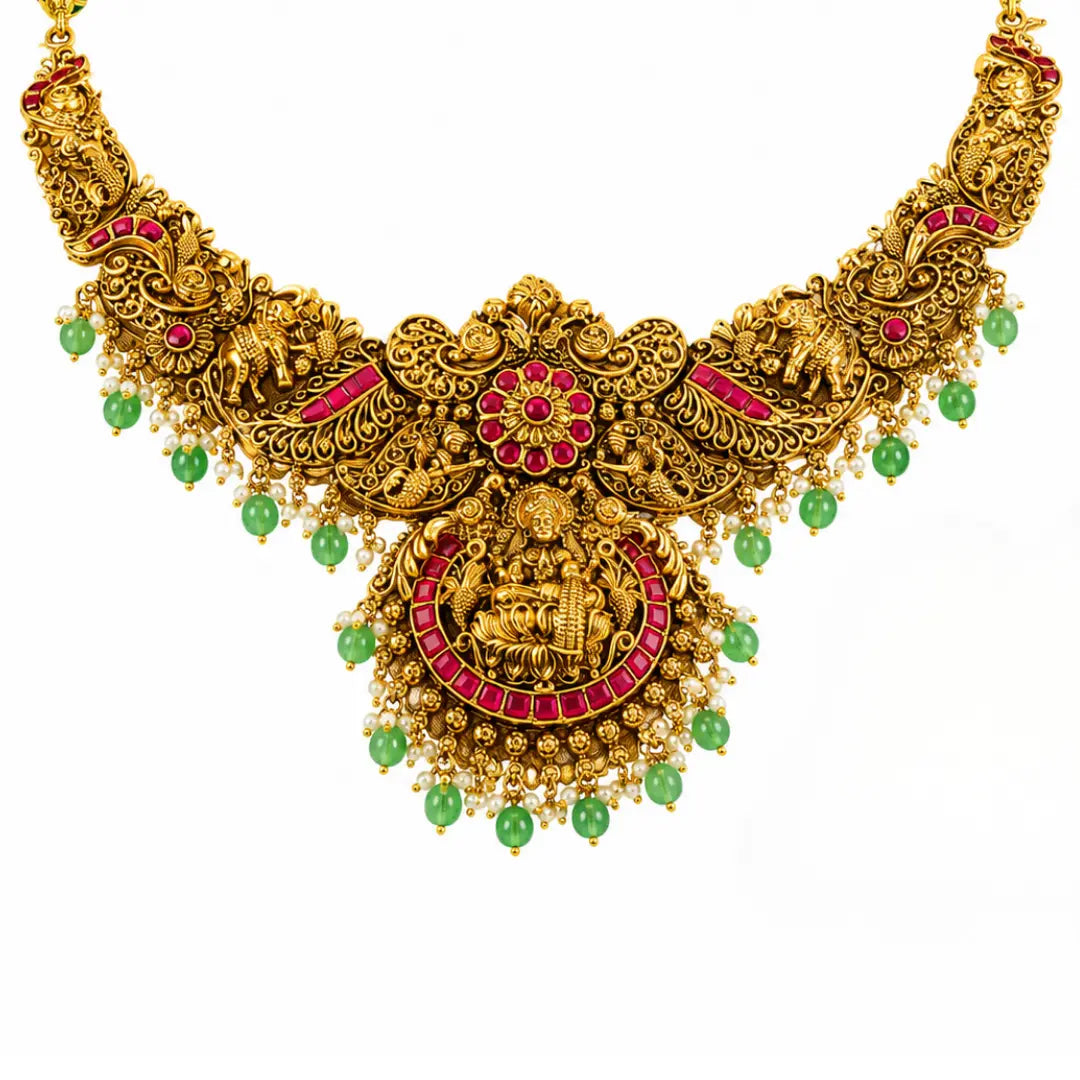 Navaratna Pushpa Haar Short Necklace Set | Gold-Plated Temple Jewellery J-866