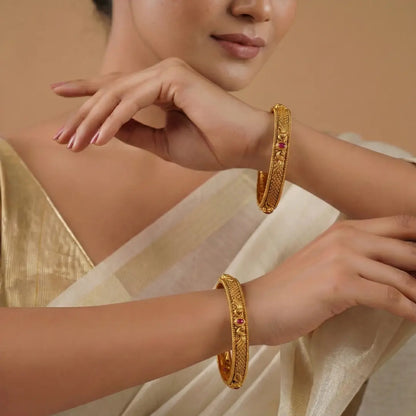 Lakshmi Archana Paired Bangle | Gold-Plated Goddess Worship Temple Bangle Set