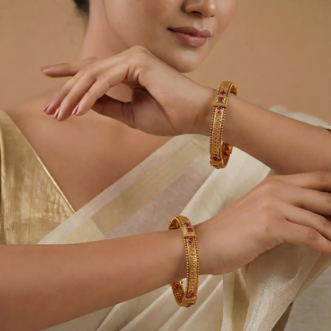 Mohini Manjari Paired Bangle | Gold-Plated Enchanting Blossom Bangle Set V-2471