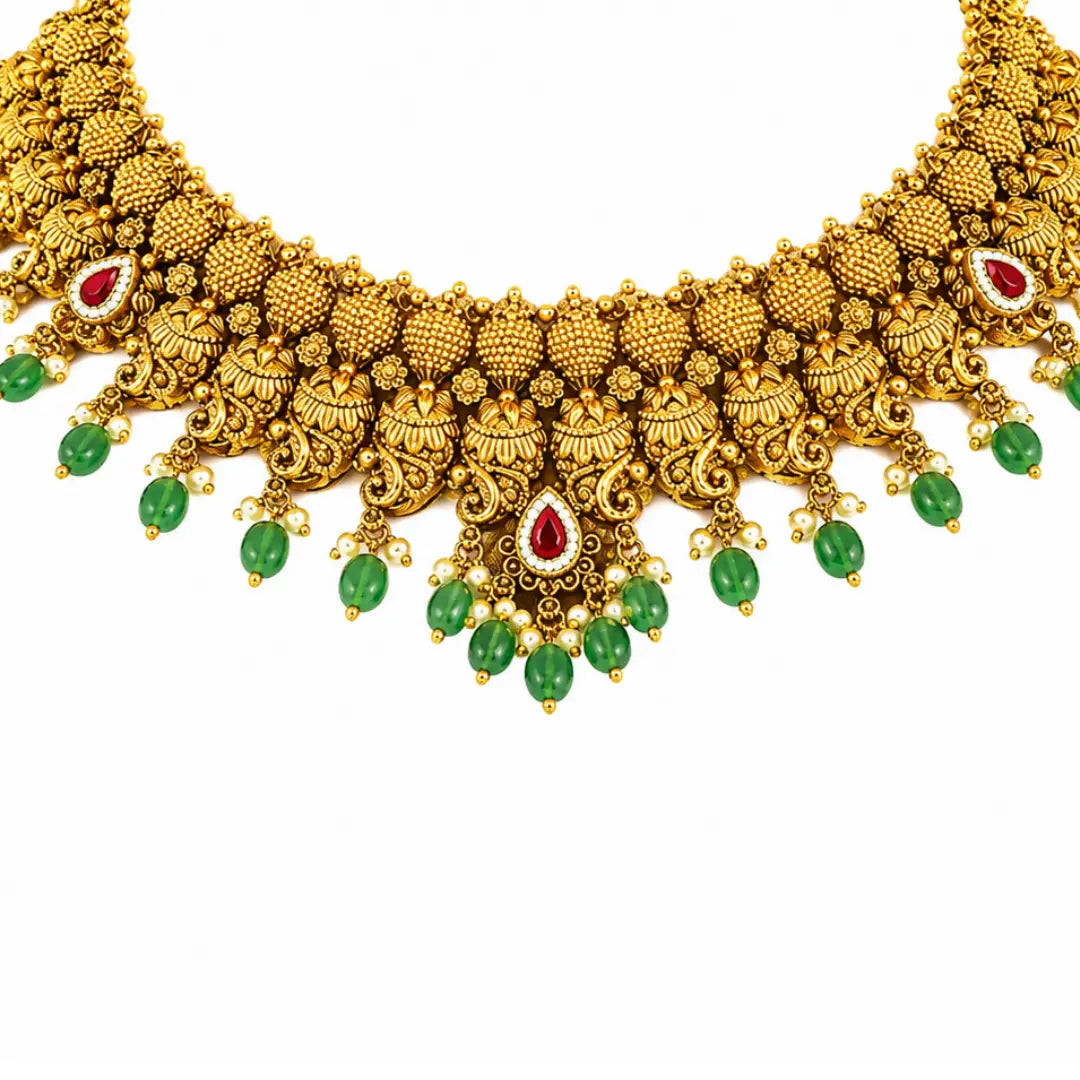 Swarna Kodi Muthu Kanti Short Necklace Set | Gold-Plated Temple Jewellery
