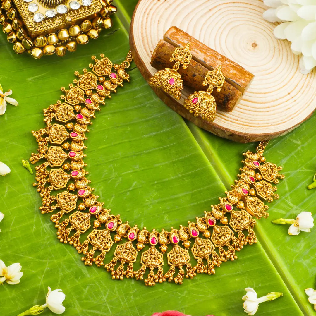Lakshmi Temple Jewellery Short Necklace Set with Jhumka Earrings