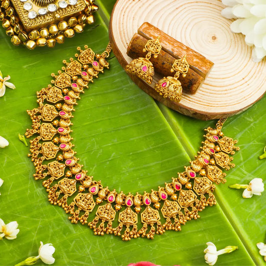 Lakshmi Temple Jewellery Short Necklace Set with Jhumka Earrings