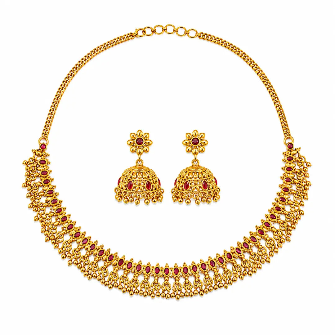Gajra Haaram Short Necklace Set | Gold-Plated Temple Jewellery