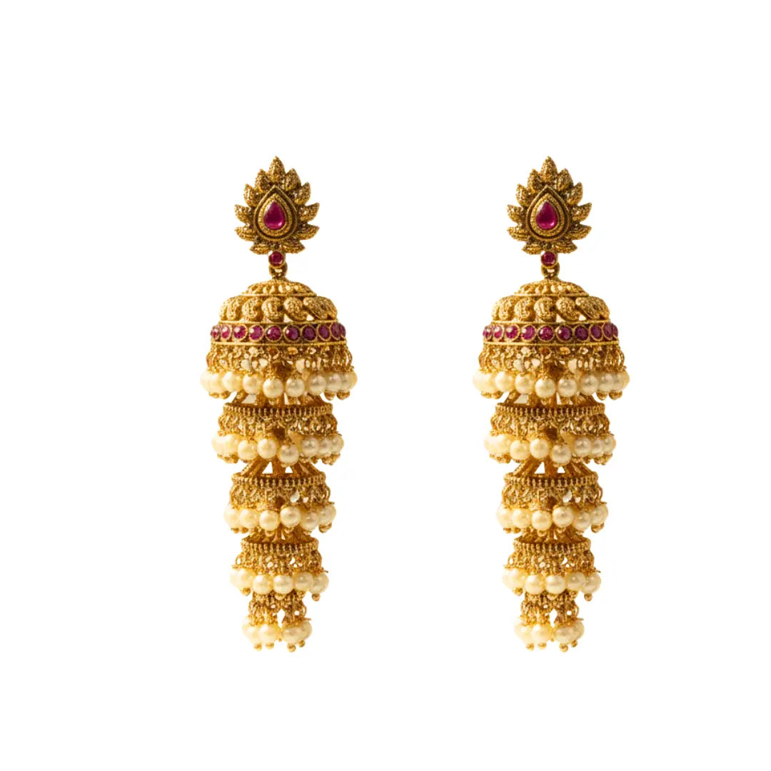 Abharana Shri Jhumka | Gold-Plated Lakshmi Temple Bridal Earrings R-2641