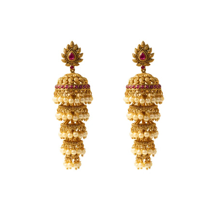Abharana Shri Jhumka | Gold-Plated Lakshmi Temple Bridal Earrings R-2641