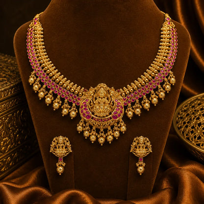 Gold Lakshmi Temple Necklace Set K-1168