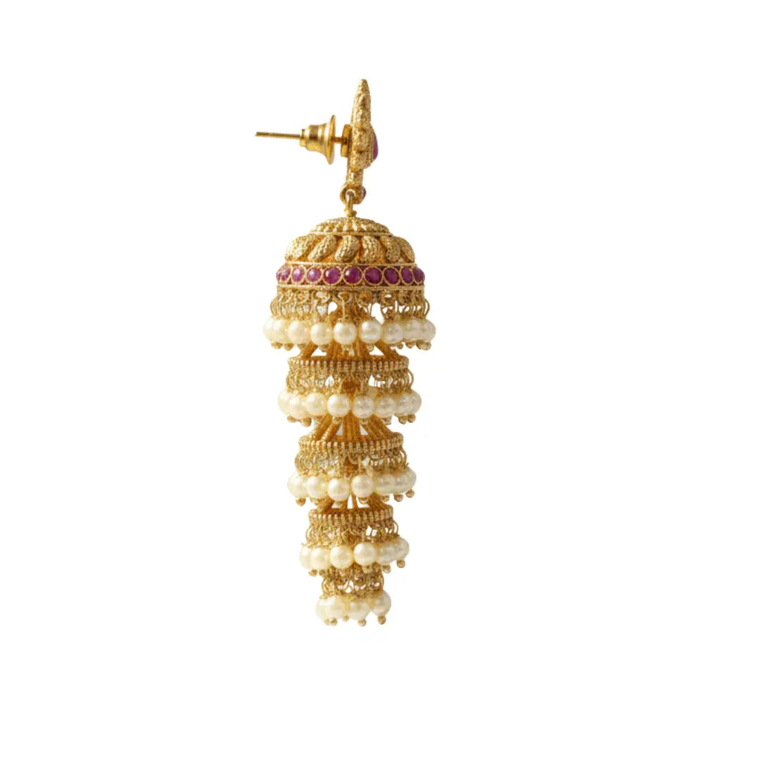 Abharana Shri Jhumka | Gold-Plated Lakshmi Temple Bridal Earrings R-2641