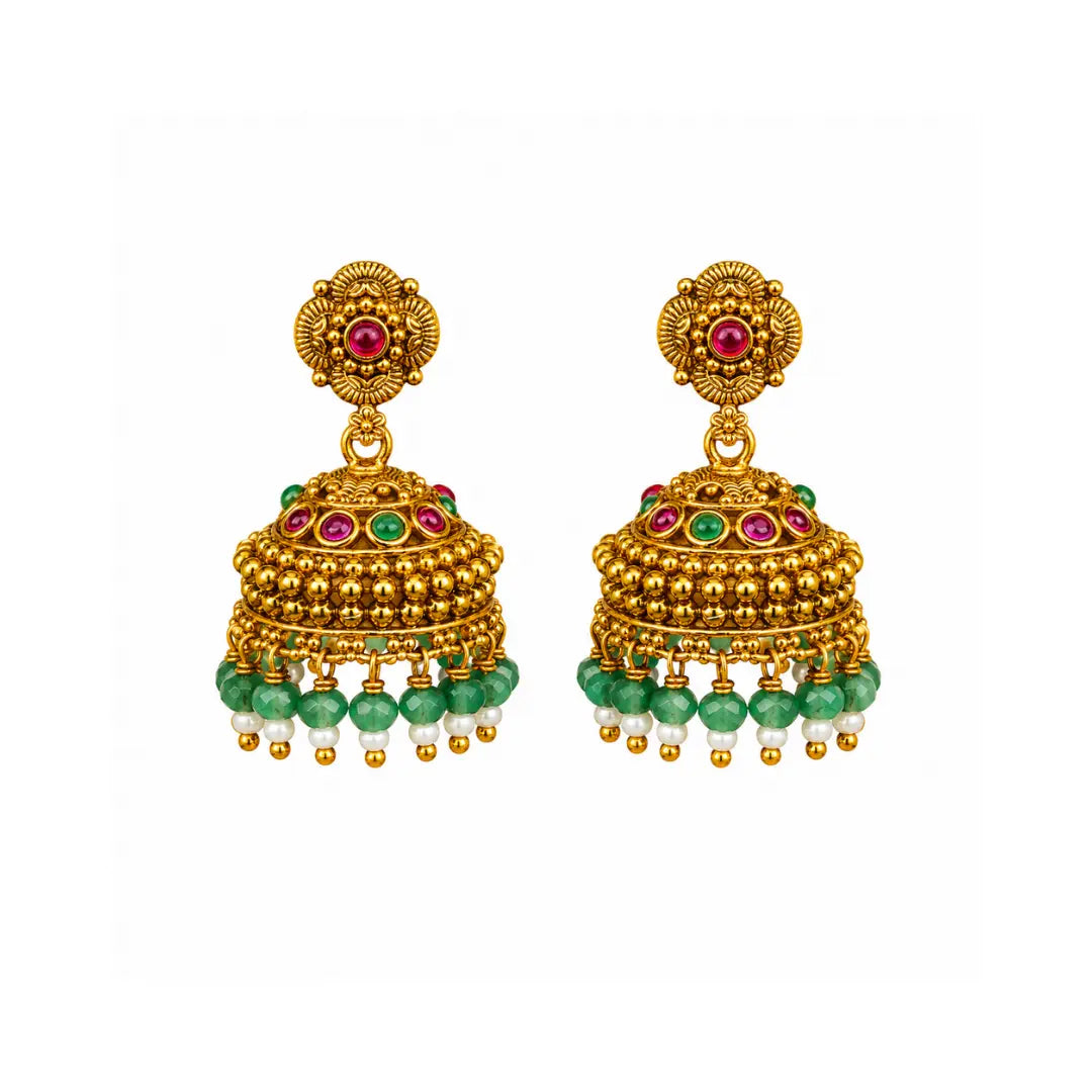 Temple Gold-Plated Flower Jhumka with Pink Stones & Green Beads R-2148