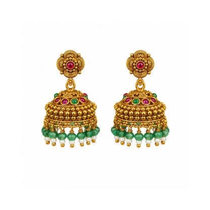 Temple Gold-Plated Flower Jhumka with Pink Stones & Green Beads R-2148