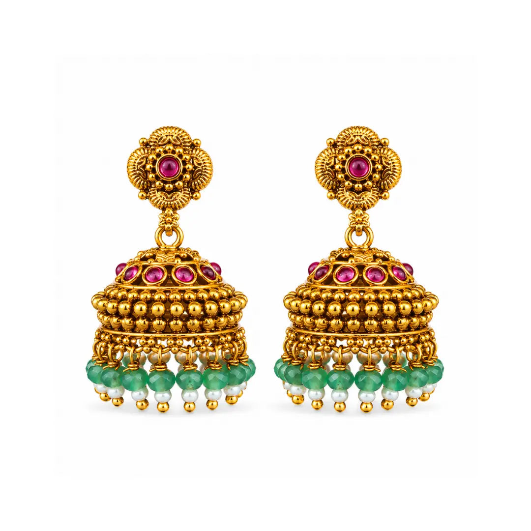 Temple Gold-Plated Flower Jhumka with Pink Stones & Green Beads R-2148