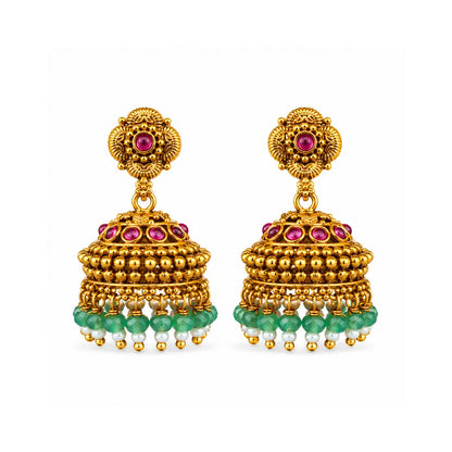 Temple Gold-Plated Flower Jhumka with Pink Stones & Green Beads R-2148
