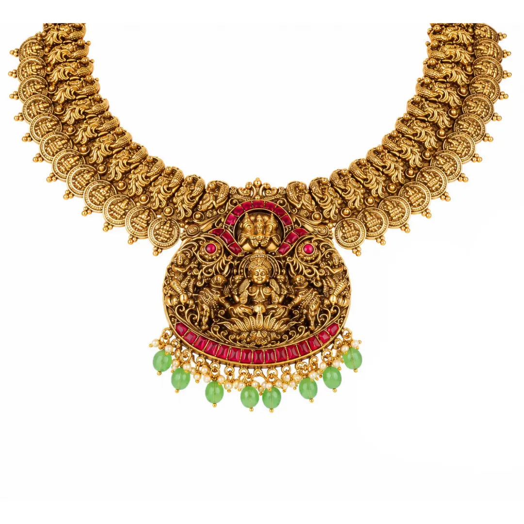 Antique Swarna Kamalam Haar Short Necklace Set | Gold-Plated Temple