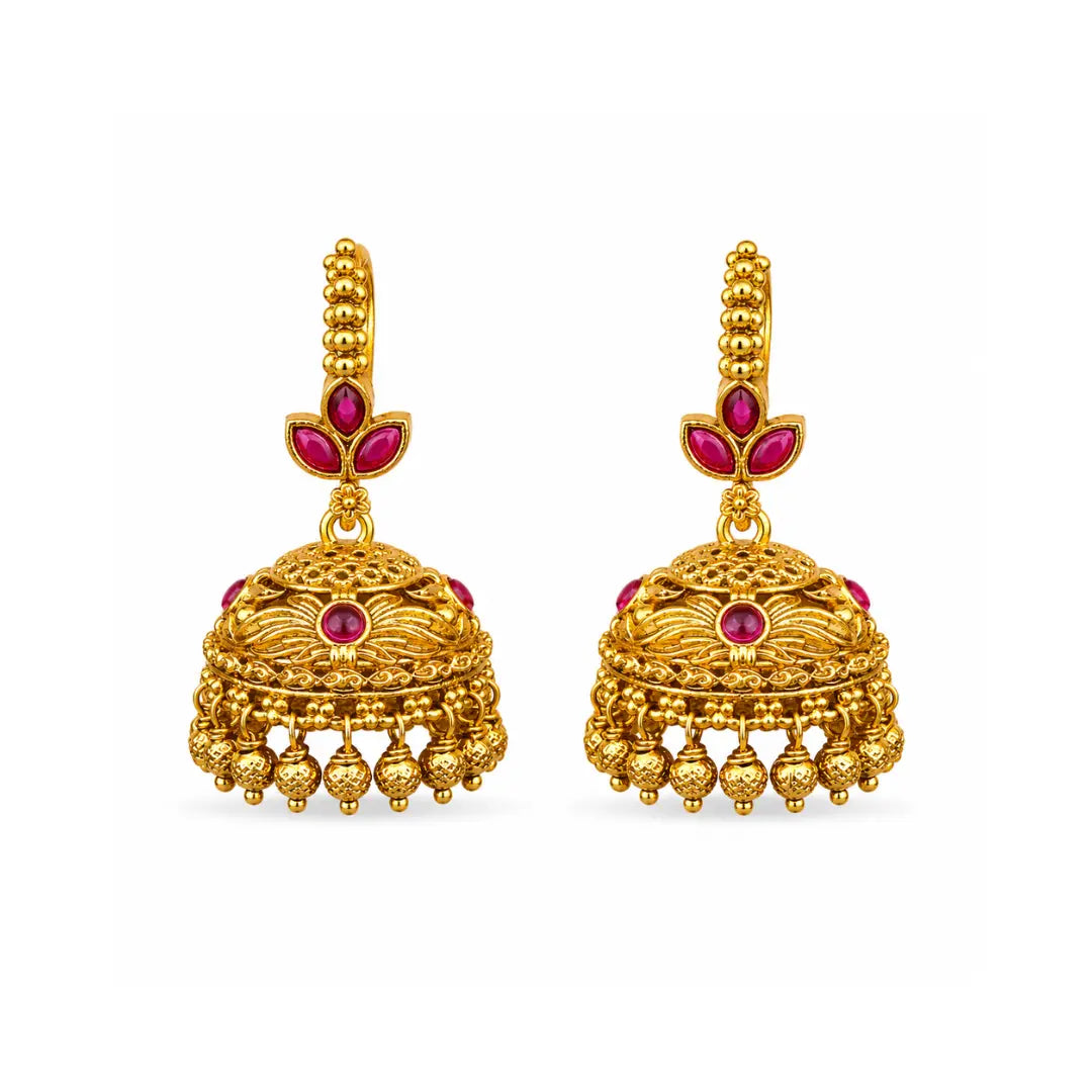 Temple Gold-Plated Jhumka with Leaf Petal Design & Pink-Green Stones R-1909
