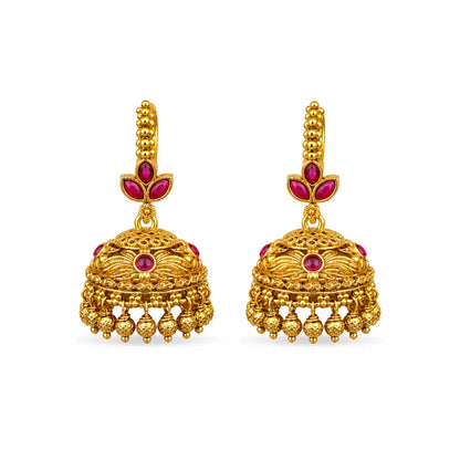 Temple Gold-Plated Jhumka with Leaf Petal Design & Pink-Green Stones R-1909
