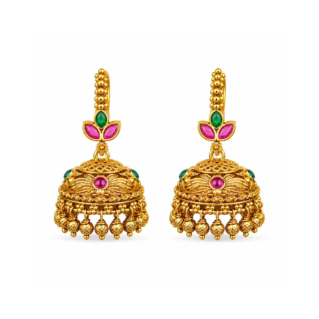 Temple Gold-Plated Jhumka with Leaf Petal Design & Pink-Green Stones R-1909