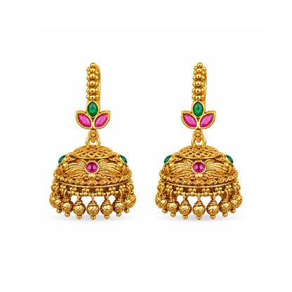 Temple Gold-Plated Jhumka with Leaf Petal Design & Pink-Green Stones R-1909
