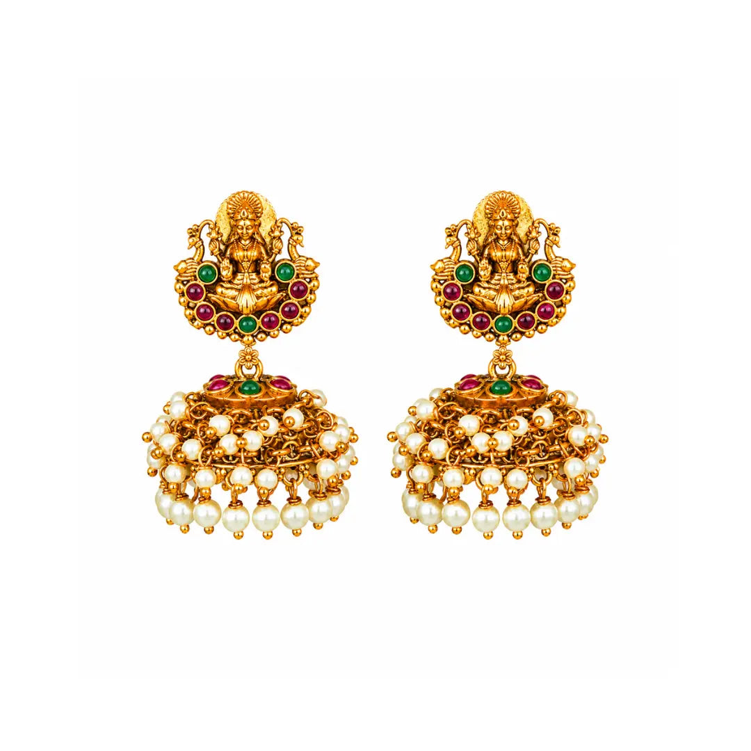 Antique Temple Laxmi Jhumka with Pearl Drops R-1645