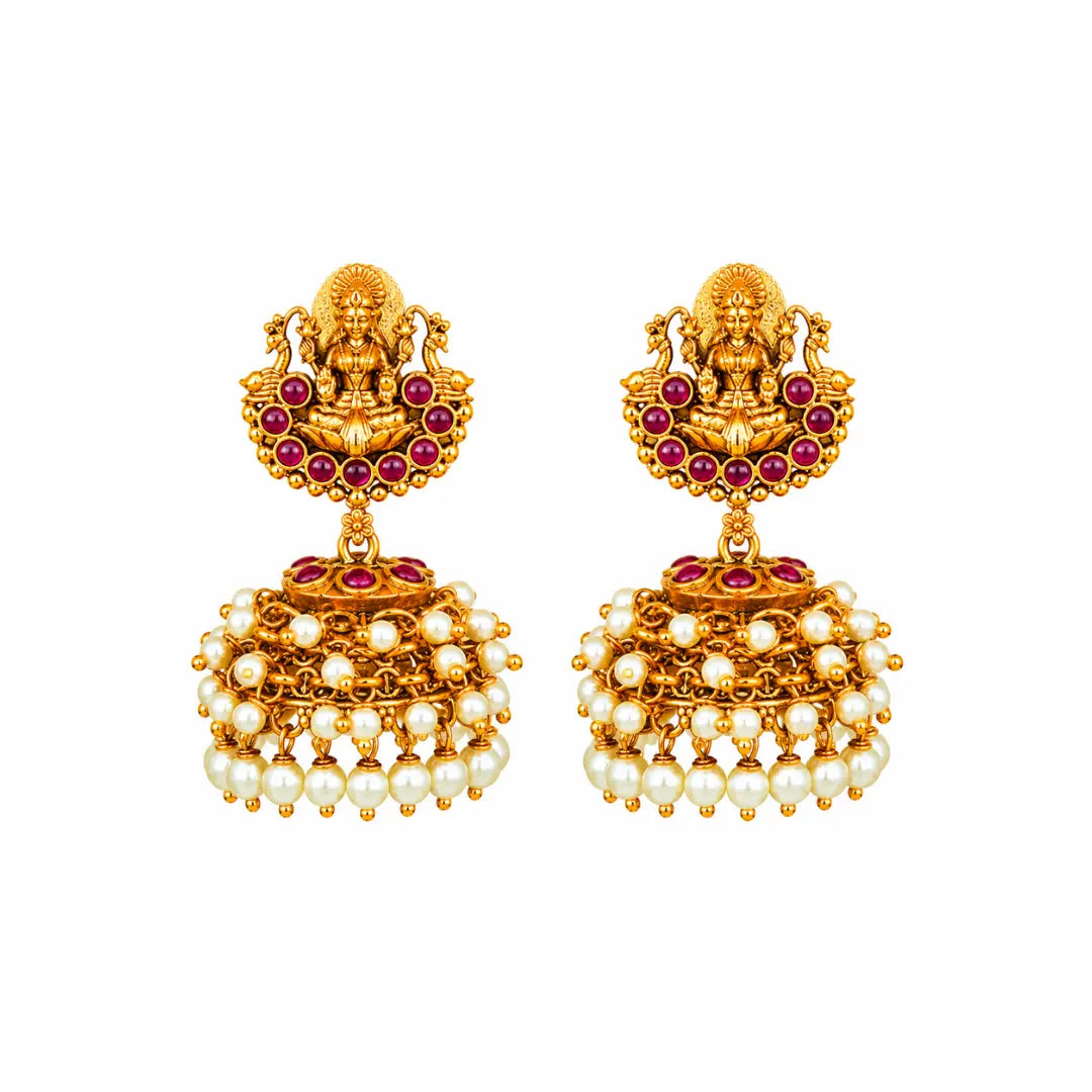 Antique Temple Laxmi Jhumka with Pearl Drops R-1645