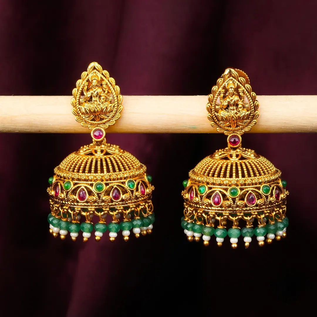 Antique Temple Jhumkas with Green Beads  R-2229