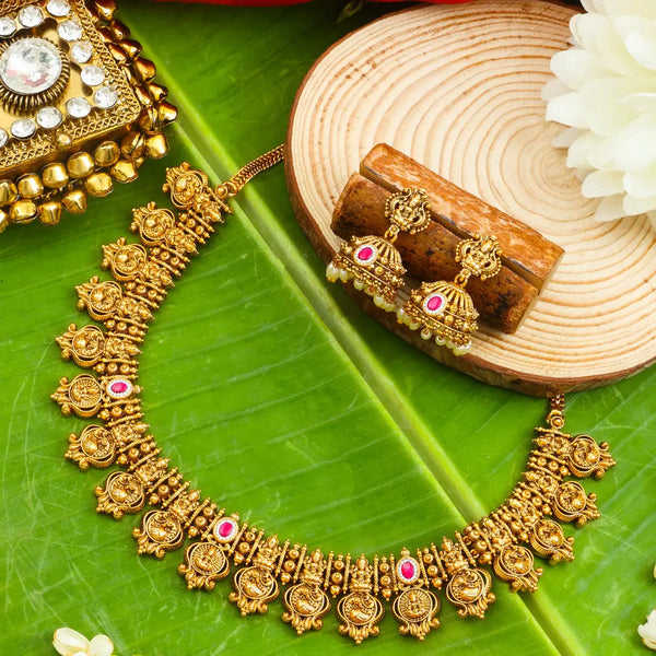 Shri Devi Pada Temple Jewellery Short Necklace Set with Motif Work