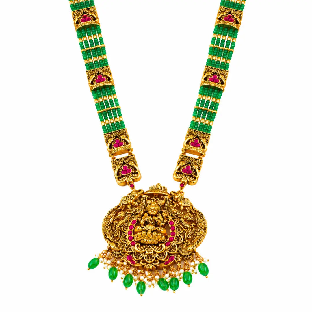 Temple Jewellery Pendant Set with Laxmi Design | Gold Plated Bridal Style J-1370