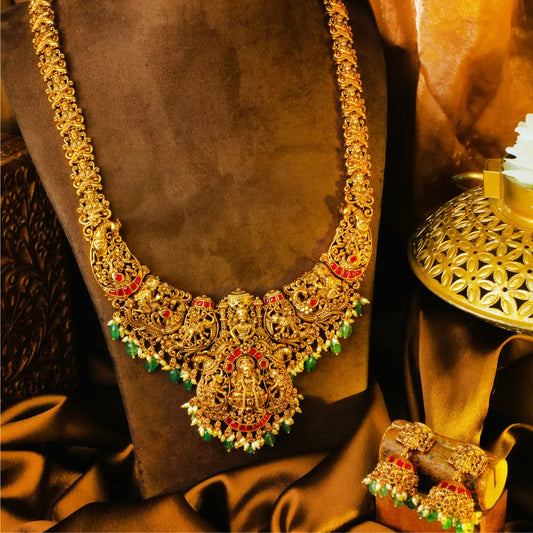 Padma Shakti Long Necklace Set | Gold-Plated Temple Jewellery J-1136